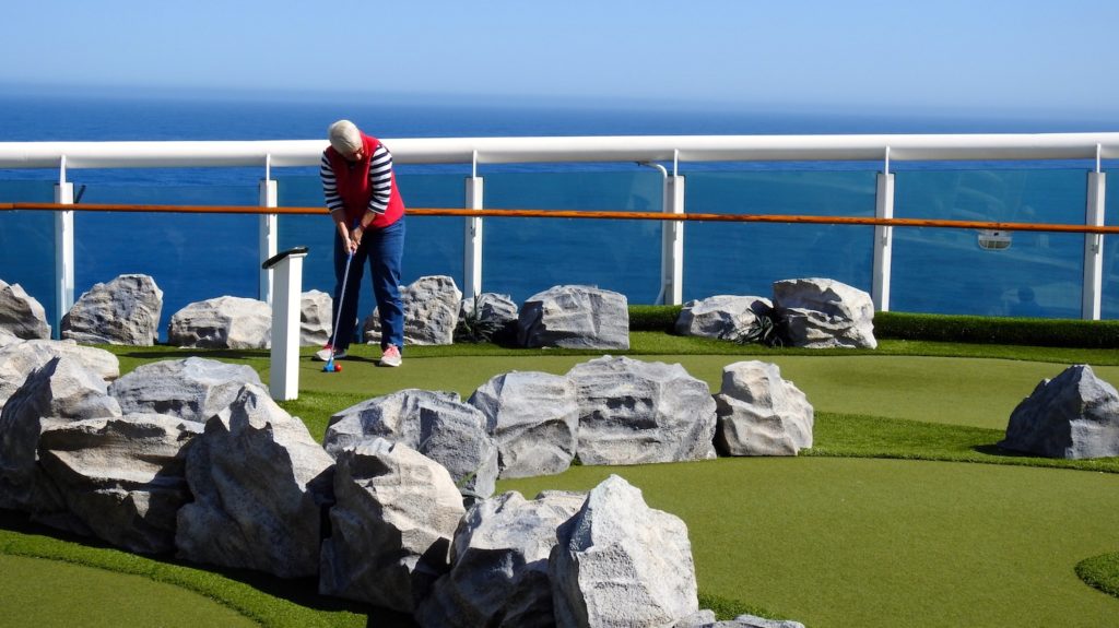 An attempt at a hole in one! Mini golf aboard the Explorer of the Seas (Royal Caribbean) on a one-way cruise across the Pacific Ocean. www.gypsya60.com