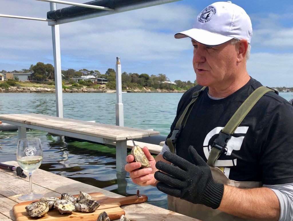 The Oyster Farmer himself (Ben) giving instruction so how to shuck a Coffin Bay Oyster - everyone needed practice! www.gypsyat60.com