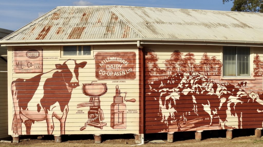 The history of the local dairy industry mural on the walls of the Old Millmerran Butter Factory. www.gypsyat60.com