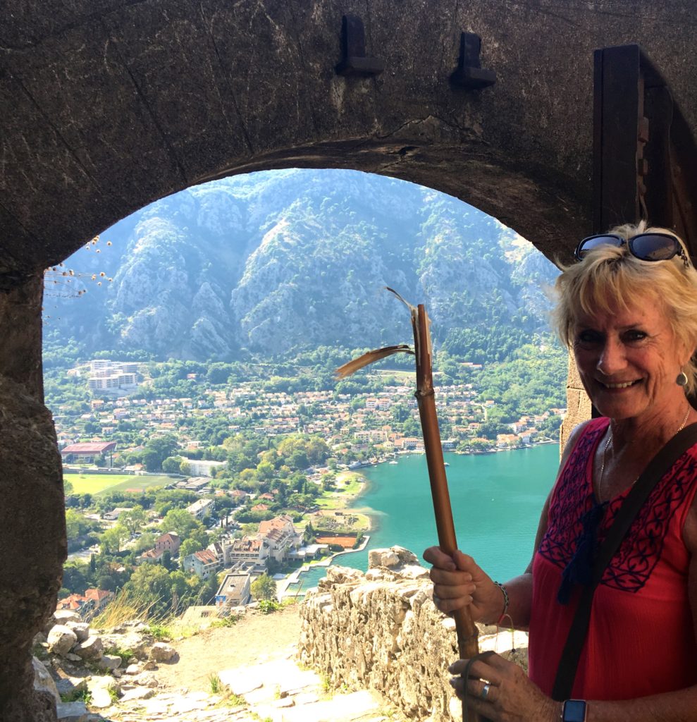 Having a stop on the climb up to the Old Fortress of Kotor, Montenegro. Bamboo stick helping #Gypsyat60 to get to the top. www.gypsyat60.com