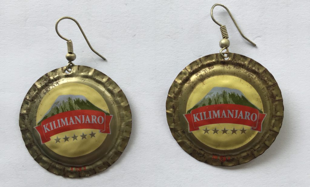 Mt Kilimanjaro earrings made from local beer bottle tops. www.gypsyat60.com