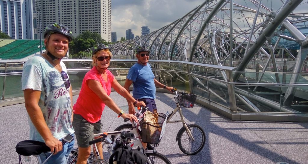 Quick stop on bike tour, Singapore, at the Helix Bridge. www.gypsyat60.com