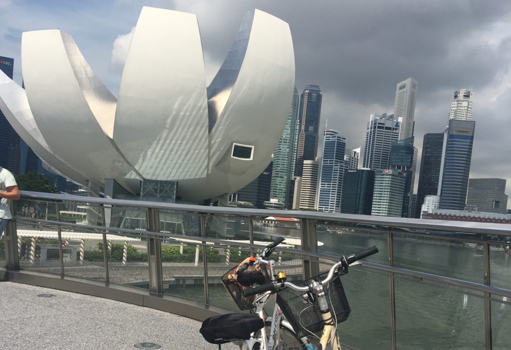Bicycle parked for a good view of the ArtScience Museum (aka the Lotus Flower) at Marina Bay Sands. www.gypsyat60.com