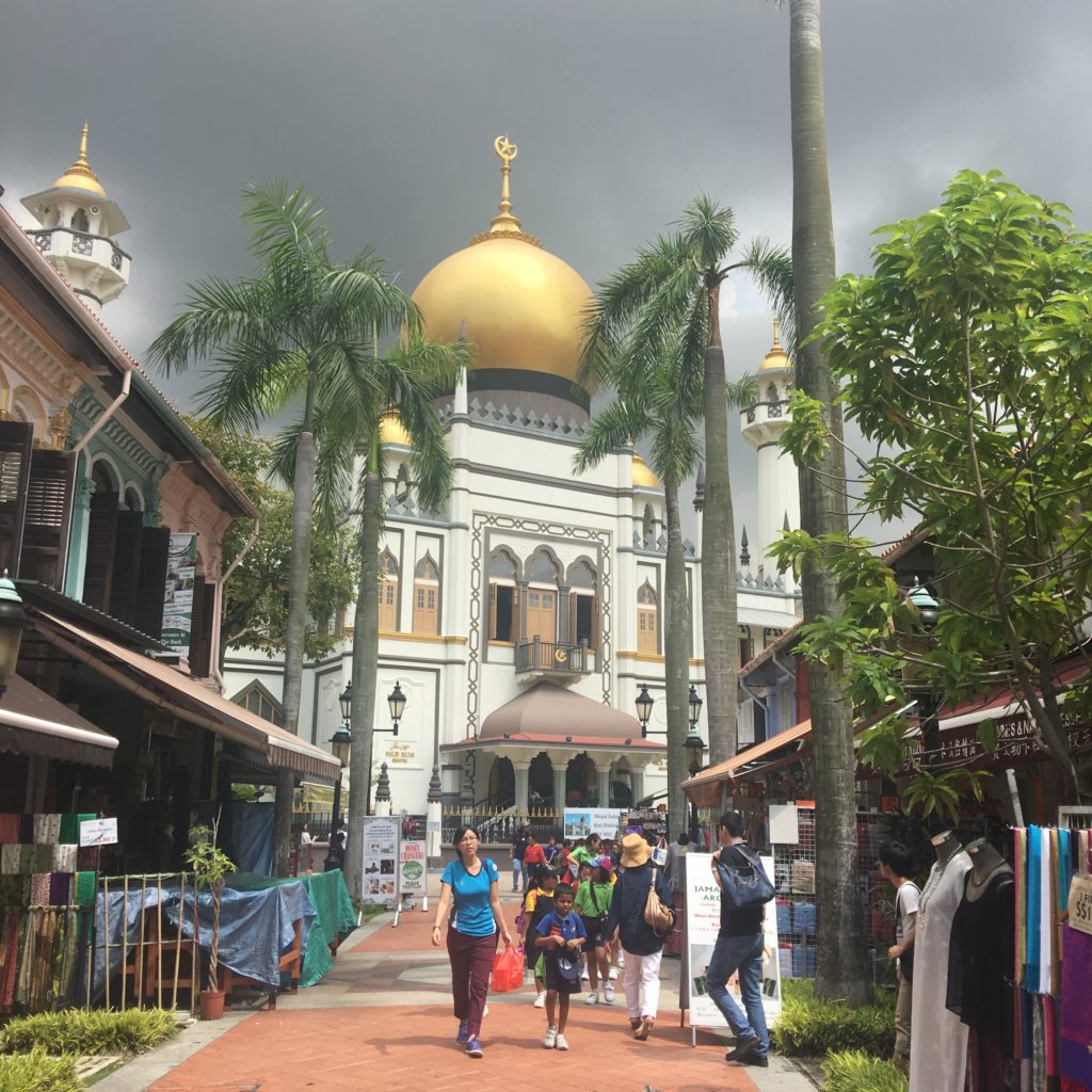 Sultan Mosque, Kamlog Glam, Singapore. Afternoon storm clouds loom in the background. www.gypsyat60.com