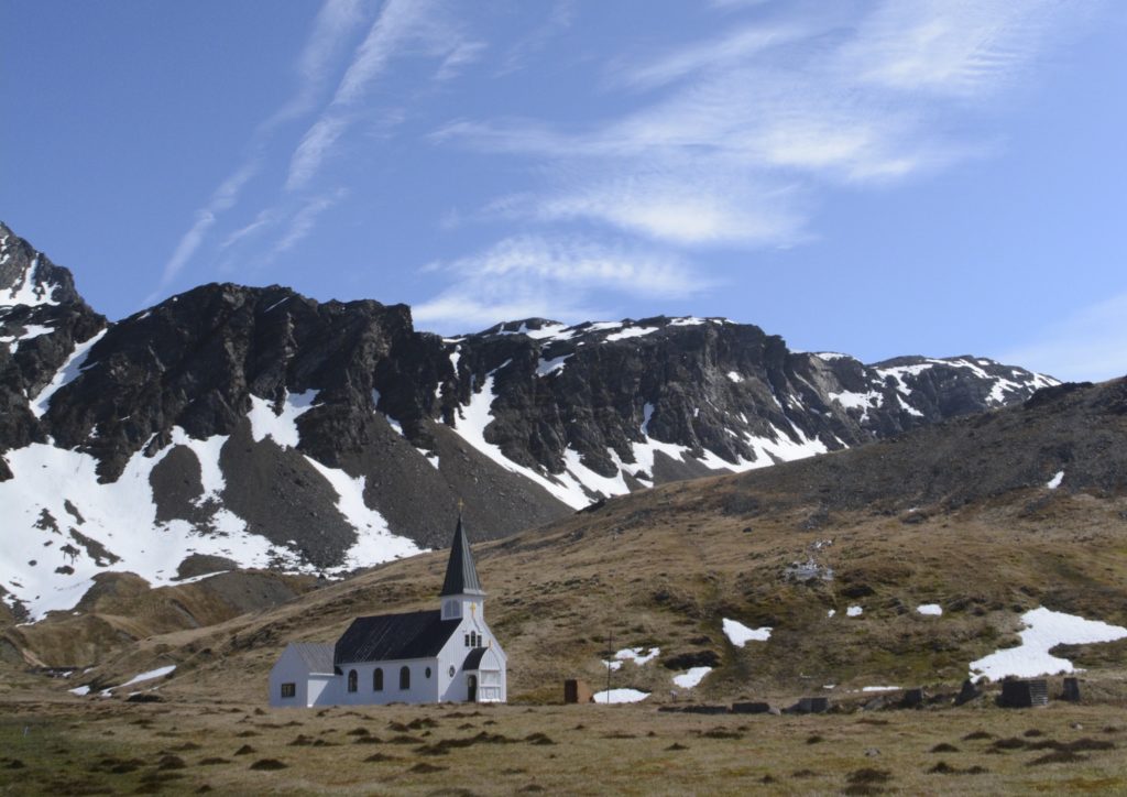 Norwegian Lutheran Church, settlement of Grytviken, South Georgia. Sitting at the bottom of the Mighty South Georgian Mountains. Also called the Whalers Church. www.gypsyat60.com