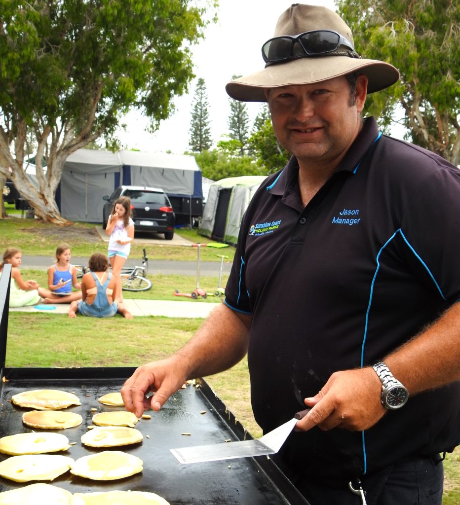Coolum Beach Holiday Park provides pancakes for a gold coin donation for local charities. www.gypsyat60.com