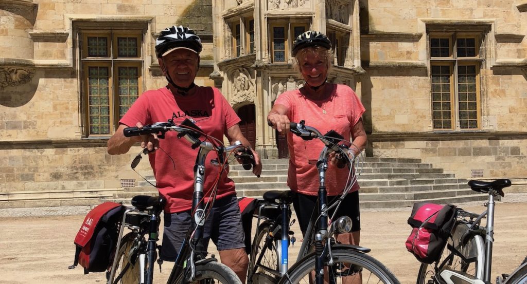 Ready for take-off after lunch break - on bike and barge bike tour, Loire Valley. www.gypsyat60.com