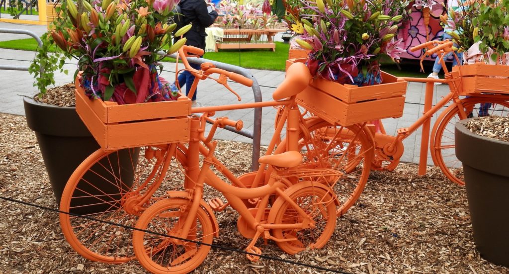 Orange painted bicycles with flowers in baskets at the 2019 Keukenhof Tulip Festival, Amsterdam. www.gypsyat60.com