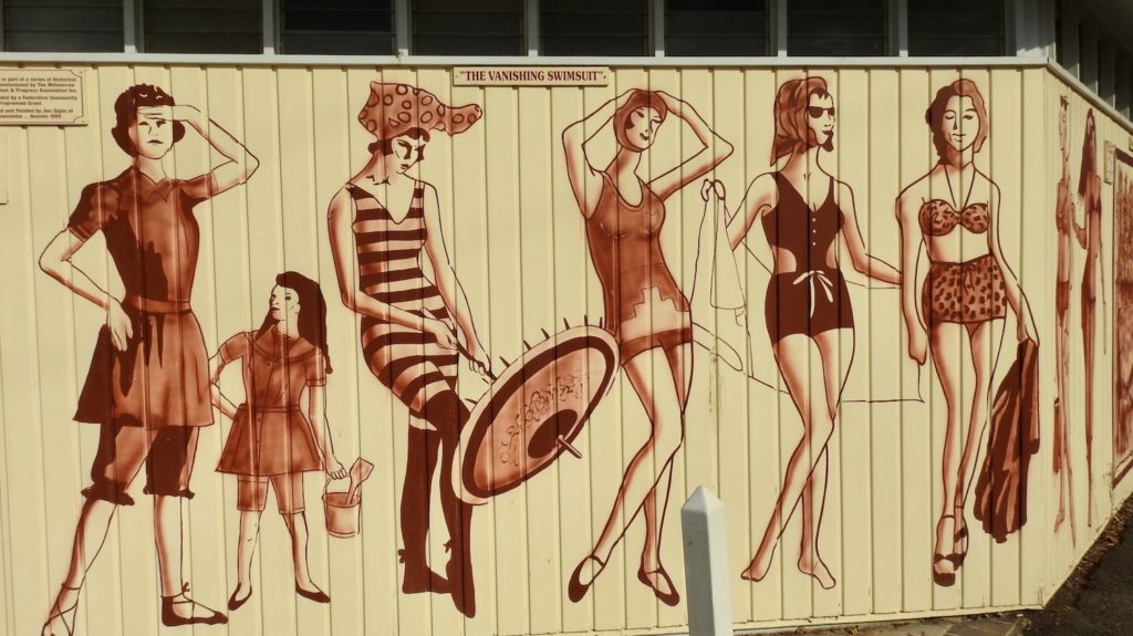 Mural of swimming costume on the outside walls of the Millmerran Swimming Pool. www.gypsyat60.com