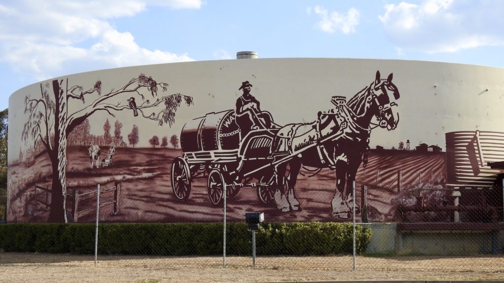 The history of the local dairy industry mural on the walls of the Old Millmerran Butter Factory. www.gypsyat60.com