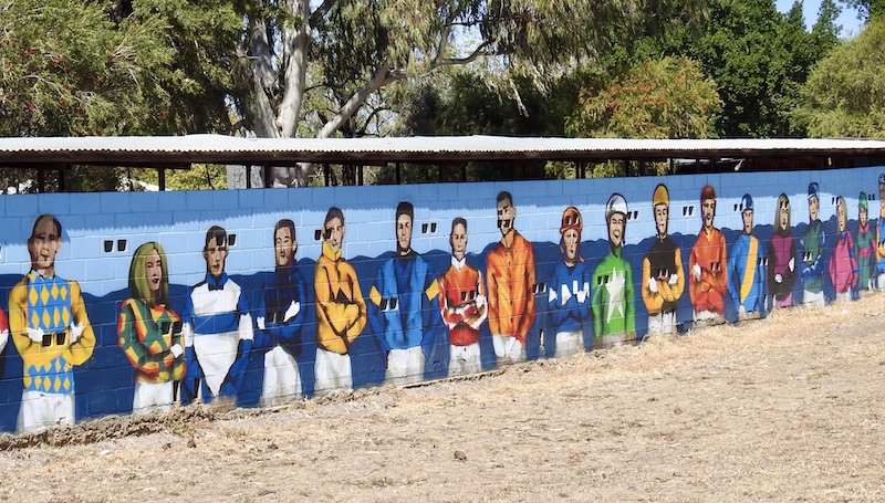 Mural at Moree Race Track stables -featuring jockeys in their silks. www.gypsyat60.com
