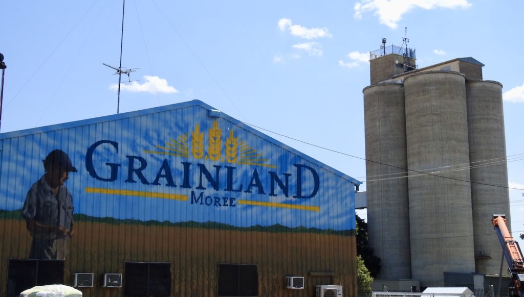 Mural of Grainland, Moree showing a large mural of a farmer standing in a wheat paddock with wide blue skies, representing the agriculture of the region. www.gypsyat60.com